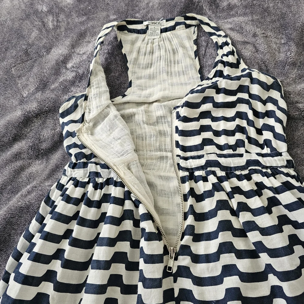 Pinky Striped Nautical Dress Cotton Racer Back Navy Blue/ Light Beige Small - Picture 8 of 11